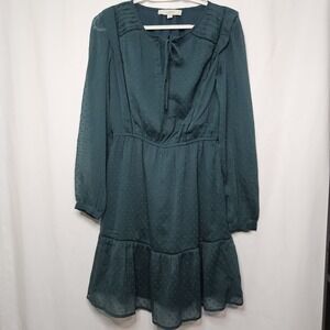 LOFT Dress Womens Small Green Excellent Tie Neck Clip Dot Tiered Boho Romantic